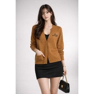 Roem Sz‎ M Camel Brown Embroidered Luv Enough Knit Cardigan Sweater Notched Neck